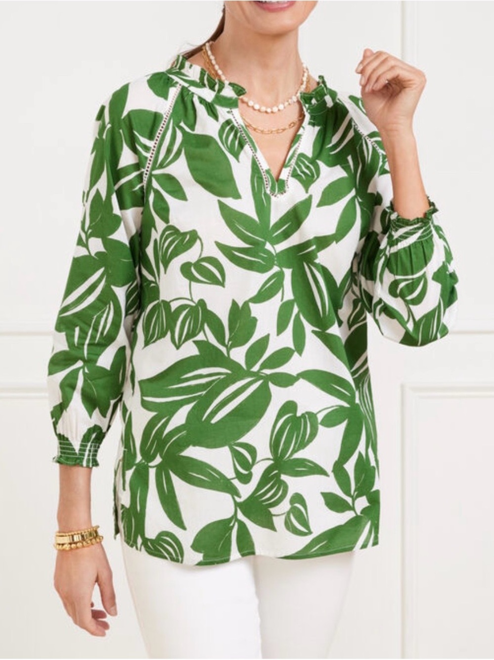 Talbots Botanical Paradise Tunic Top Size XL Green Leaf 100% Cotton Tropical